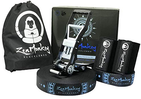 ZenMonkey Infinity Slackline-Set – Ultra Longline mit Ergo-Ratsche, Baumschutz, einfache Einrichtung für Familie, Kinder und Erwachsene