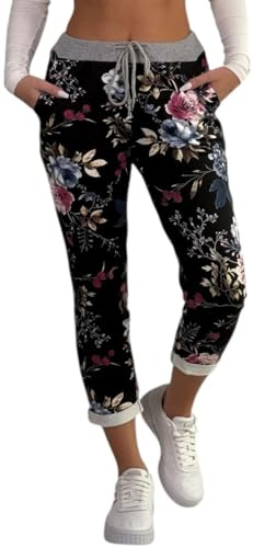 Mississhop 287 Damen Hose Cargohose Blumen Sweatpants Jogginghose Baumwolle Freizeithose Boyfriend Modell 3 Schwarz