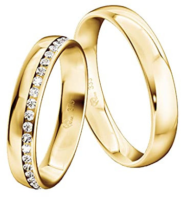 JC Trauringe Gold 333 Paarpreis Poliert I Traumhafte Eheringe 4,5 mm I Einzigartige Partnerringe Gelbgold mit Gravur in edler Schatulle I 2 Hochzeitsringe Herrenring & Damenring mit Steinen I ICT01