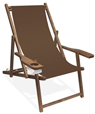 Promo Trade Holz-Liegestuhl mit Armlehne und Getränkehalter, Klappbar, mit dunkelbrauner Lasur, Wechselbezug (Cappuccino)