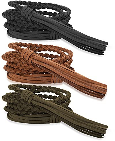 Yolev 3 Stück Damen Geflochtener Gürtel Dünner Fransengürtel Volltonfarbe Verstellbare Taillenkette Rock Seil Kleid Jeans Zubehör (Schwarz, Braun, Dunkelgrün)