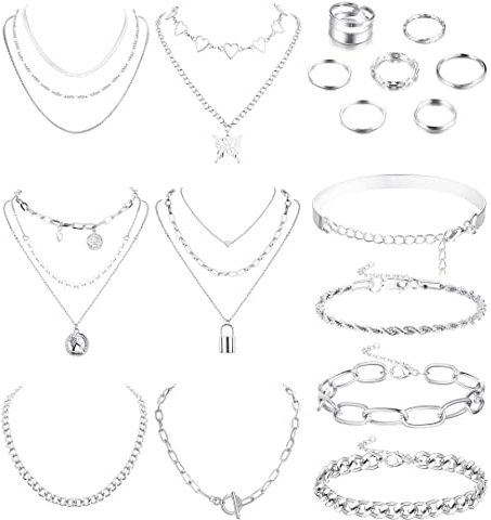 Kakonia 17 Stück Schmuck Silber Set Ketten Armbander Für Damen Mädchen Ring Gold Damen Layer Chain Halskette Gold Silber Verstellbar Gliederkette Chain Halskette Modeschmuck Hip Hop Set