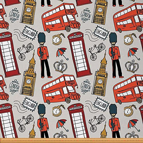 London Stoff von The Yard Klassisches englisches Doodle Big Ben Regenschirm Fahrrad Polsterstoff für Stühle und Heimwerkerprojekte Retro UK Thema Dekorativer wasserdichter Stoff 92x150cm Grau Rot