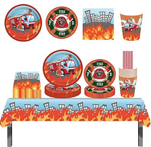 ZOOMIL Camion de Pompier Vaisselle, Set de Vaisselle pour Fête des Pompiers, Assiettes, Nappe, Gobelets, Pailles, Serviettes, Décor de Fête Prénatale d'Anniversaire 8 Invités