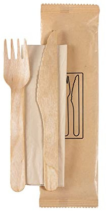 SHOBI 50 Bis Posate di Legno Set Compostabile Monouso di forchetta e coltello con tovagliolo