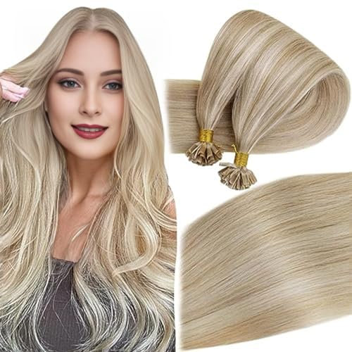 Easyouth Echthaar Extensions Bondings Blond Echthaar Pre Bonded U Tips Extensions Echthaar Bondings Extensions Aschblond Mix Gelbblond 55 cm 50g/50Stück #18P613