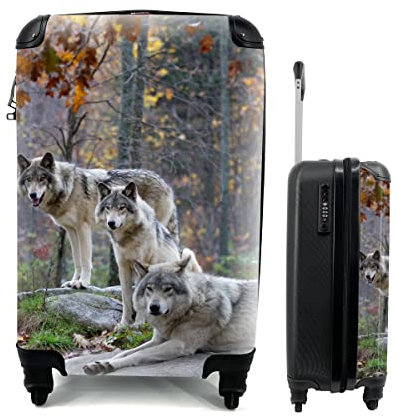 MuchoWow© Koffer Handgepäck Trolley Rollkoffer Kleine Reisekoffer mit 4 Rollen - Wölfe - Fels - Wald - Cabin Size < 55x40x23 & 55x40x20 cm - Fotokoffer - Kabinenkoffer - Boardgepäck