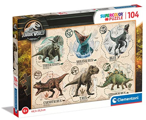 Clementoni - 27179 - Supercolor Puzzle - Jurassic World - Puzzle 104 Teile Ab 6 Jahren, Buntes Kinderpuzzle Mit Besonderer Leuchtkraft & Farbintensität, Geschicklichkeitsspiel Für Kinder