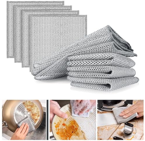 Ninge 10 Stück Mehrzweck-Geschirrspüllappen aus Draht für Nass und Trocken,Mesh Metal Wire Cleaning Rag,Non-Scratch Wire Dishcloth, Double-Sided Mesh Metal Multipurpose Wire Miracle Cleaning Cloths