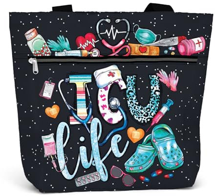 84hoods Große wasserdichte Tragetasche mit Taschen und Reißverschluss für die Arbeit Geschenk für Krankenschwester Umhängetasche für Frauen, Icu Life, Large