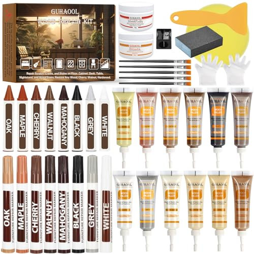 GUHAOOL Reparador Arañazos Madera, 41 Piezas Kit de Reparación de Laminado, Masilla de Madera, Pasta de Reparación, Marcadores de Retoque, Para Reparar Grietas, Agujeros, Arañazos, Parqué, Muebles