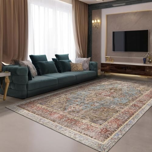 bamyum Avlin Bedruckter Teppich Chenille-Druck Maschinell Hergestellt 160 x 230 cm, Waschbarer Multicolor Vintage Teppich Schlafzimmer, Antibakteriell Antirutschunterlage Küchenteppich