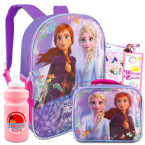 Disney Frozen - Juego de mochila y bolsa de almuerzo – Paquete de mochila Elsa & Anna de 16 pulgadas, lonchera congelada, botella de agua, calcomanías, más | Suministros escolares Frozen, Fiambrera de