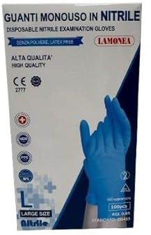 Lamonea - 1000 Guanti Azzurri Monouso in Nitrile AQL 0,65 - Certificato CE - Senza Polvere di Alta Qualità, 10 scatole da 100 pezzi (taglia L) - NGBEM10016