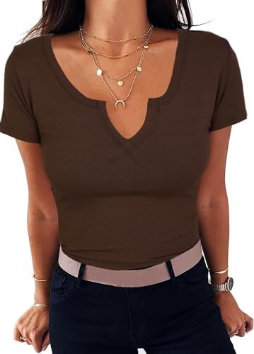 Aottori Womens Short Sleeve T Shirts Ladies Summer Tunic Tops V Neck Ribbed Knit Fitted Casual Basic Tee Shirt Brown M