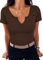 Aottori Womens Short Sleeve T Shirts Ladies Summer Tunic Tops V Neck Ribbed Knit Fitted Casual Basic Tee Shirt Brown M
