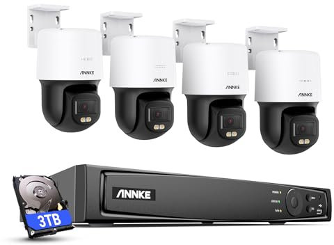 ANNKE POE Überwachungskamera Set, 4 X PT IP Kamera mit F.10-Ture-Farbnachtsicht, 340°-Schwenk-110°-Neigung, 2-Wege-Audio, Bewegungsalarm, Unterstützt Micro SD Kartensteckplatz, mit 3TB Festplatte