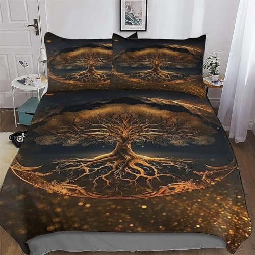 Arbre de Vie du Monde Parure De Lit 3 Pièces Housse De Couette Drap Housse avec Taies D'oreillers pour Enfants Adultes Microfibre Douce Coton Housse Couette King (220x240cm)