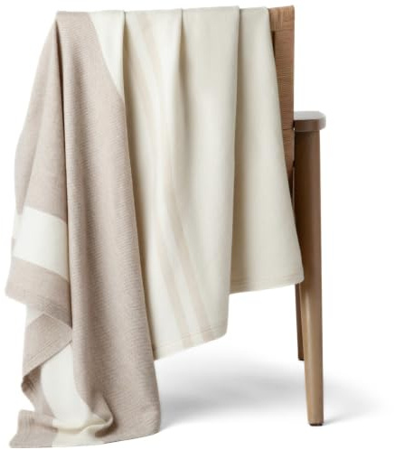 Jet&BO Überwurfdecke aus 100% reinem Kaschmir, für Couch, Sofa und Bett, ultraweiche, gewebte Kaschmirdecke, Überwurf, große Größe 185,4 x 137,2 cm, cremefarben, beige, braun, Streifenmuster