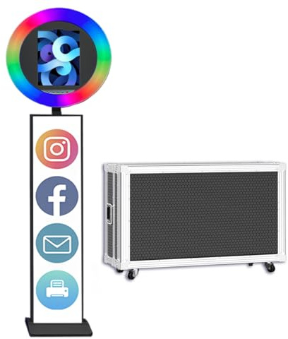 Tragbare Fotokabine für i-Pad 25,9 cm, 27,7 cm, 27,9 cm, 32,8 cm, mit individuellem Logo-Schalenständer, Selfie-Fotokabine, mit RGB-LED-Ringlicht für Veranstaltungen, Verleih, Hochzeit (Schwarz,
