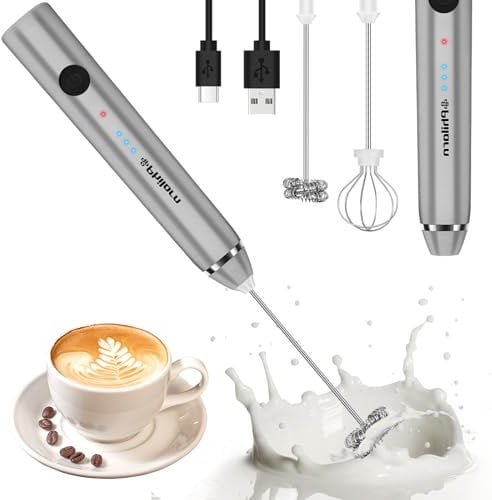 Philorn Mousseur à Lait Portatif à Double Fouet, Mousseur à Lait Rechargeable USB à 3 Vitesses, Mini Fouet Electrique Manuel Pour Café/Latte/Cappuccino/Fouetter Les œufs (Argenté)