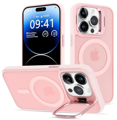 nicekool Cover per iPhone 14 Pro Compatible avec MagSafe con Cavalletto, Magnetica Custodia con Supporto FotocameraRegolabile Integrato Traslucida Opaca Posteriore Sottile Antiurto Case, Rosa