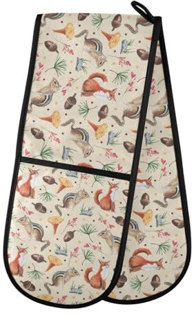 Double Oven Gloves Heat Resistant Squirrel Fox Mushroom Double Oven Mitts Pot Holder Heat Protection Oven Gloves for Home Kitchen Baking Cooking BBQ Microwave