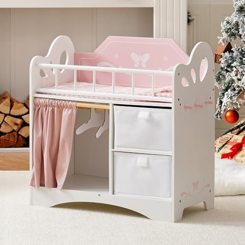 ROBOTIME Lit de poupée en bois pour enfants, bébé avec armoire de rangement et linge de lit, adapté aux poupées jusqu'à 55 cm, les tout-petits à partir de 3 ans (rose)