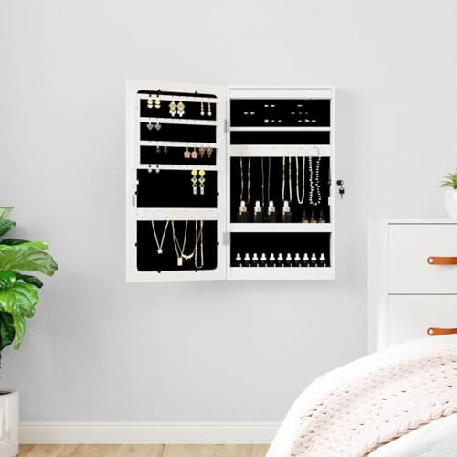 Tidyard Armoire à Bijoux avec Miroir et éclairage LED Mural Blanc, Suspendre à Porte Rangement Bijoux avec Compartiment, Mural Organisateur à Bijoux pour Chambre, Vestiaire, Salle de Bain Style D