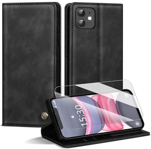 Handyhülle für iPhone 11 Hülle,Premium Lederhülle für iPhone 11 [Mit 1 Stück Panzer Schutz Glas] Magnet Kartenfach Klapphülle Schutzhülle für iPhone 11,Schwarz