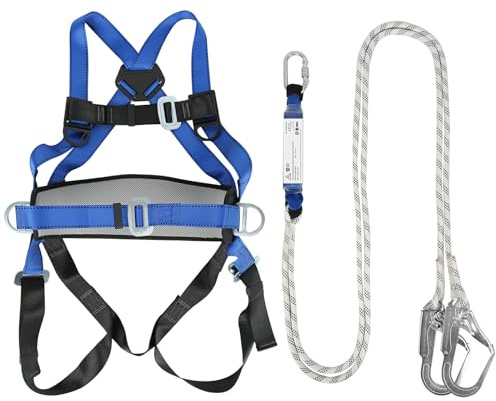 MENAYODA Fallschutz Auffanggurt, Absturzsicherung Sicherheitsgurt 5 Punkt Vollkörper Auffanggurt mit Sicherheitsseil Puffer für Outdoor Baumklettern Bergsteigen Rettungsdienst (Blau)