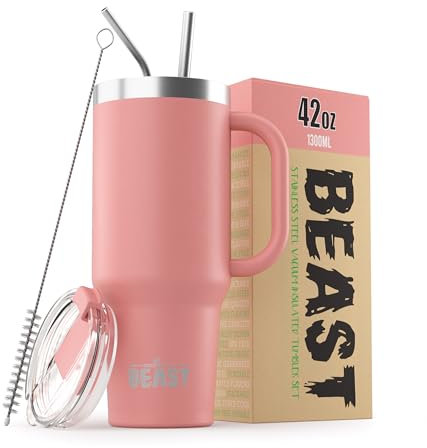 Beast Tumbler - 1300 ml (42 oz), Blossom Pink | Reusable Stainless Steel, Vacuum Insulated Cup | with + 2 Straws & Cleaning Brush | Double Wall Travel Flask Perfect for Hot or Iced Coffee | BPA Free