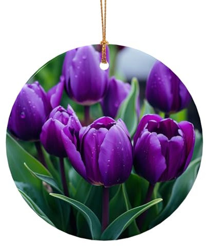 Luckily&Day Keramik-Anhänger mit violettem Tulpenmotiv, rund, Weihnachtsbaumschmuck, Weihnachtsdekoration, Geschenke für Frauen