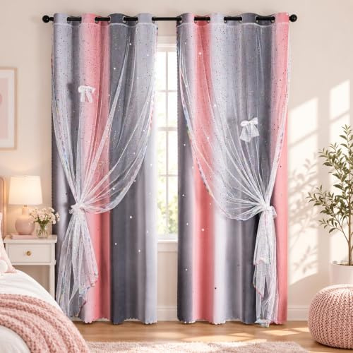 Verycurtain Mix & Match Doppellagige lasergeschnittene Sterne Farbverlauf Verdunkelungsvorhänge mit Foliendruck durchscheinend 2 Paneele Set - Farbverlauf Grau Rosa 52 x 108 cm