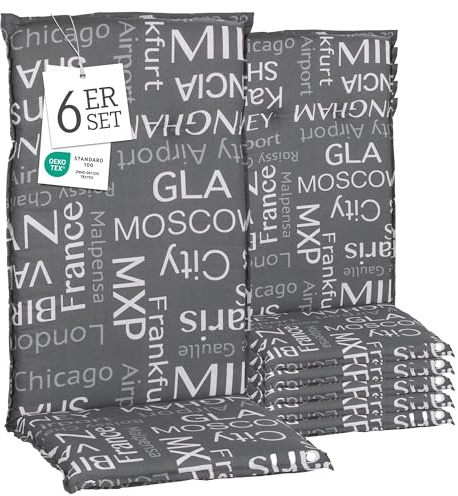 Beo® Barcelona Hochlehner Gartenstuhlauflagen 6er Set | Waschbar, Öko-Tex Standard | Atmungsaktiv & UV-beständig | Extra Dicke Sitzkissen Outdoor für höchsten Komfort