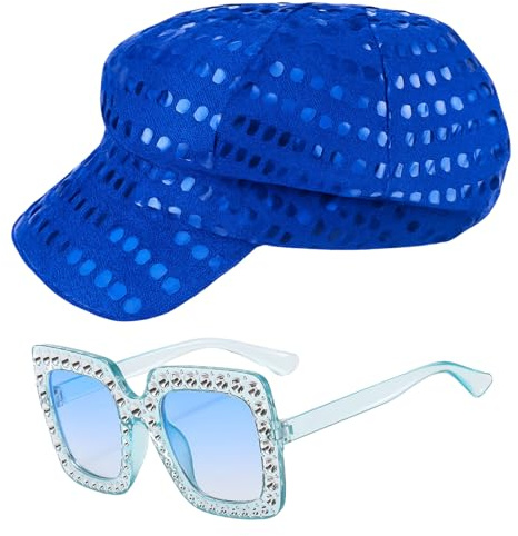 GWAWG Glitzer Pailletten Hut Bling Sonnenbrille Set für Frauen Disco 70er Jahre Zubehör Retro Pop Star Kostüm Hut Hippie Vintage Diva Outfit für Geburtstag Halloween Fasching Party Zubehör