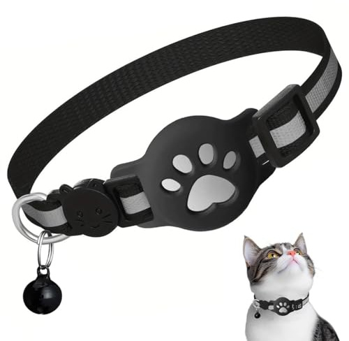 JEYORZY Katzenhalsband für Airtag,Halsband Katze Breakaway,Reflektierendes mit Airtag-Halterung und Glocke,mit Sicherheitsverschluss und Elastischer Gummizug für Kätzchen und Welpen(Schwarz)