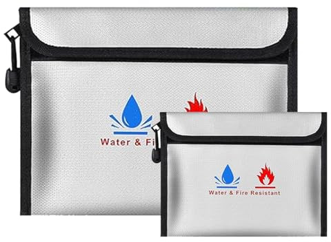 Feuerfeste Tasche Dokumententasche - 2 Set Kleine und mittlere Feuersichere wasserdichte Tasche Hülle Beutel Behälter für Dokumente Passport Bankdatei Geld Wertsachen (Grau)