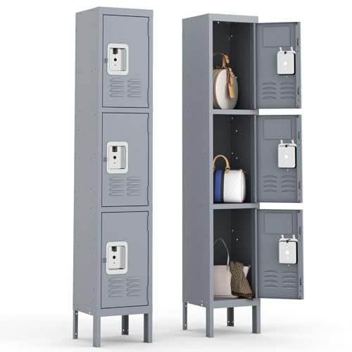BIZOEIRON Metall Spind Schrank, Metallschrank Abschließbar, Mitarbeiter Schließfachschrank für Turnhalle, Schule, Büro, HxBxT 168 x 30.5 x 30.5 cm (Schmal - 3 Abteile, Grau)