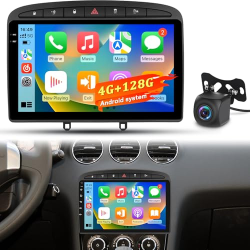 4+128G Autoradio per Peugeot 308 408 2007–2015, Radio Android con Touchscreen, Wireless CarPlay & Android Auto, GPS Wi‑Fi Bluetooth, Aggiornamento Plug & Play + Telecamera Posteriore