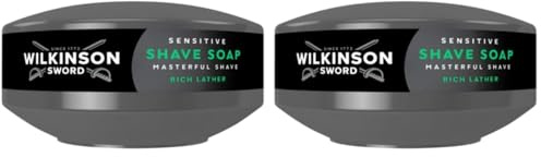 Wilkinson Sword savon à raser pour peaux sensibles. Idéal pour les trousses de toilette des hommes, les kits barbier à la maison, Savon de rasage et bol pour peaux sensibles, lot de 2