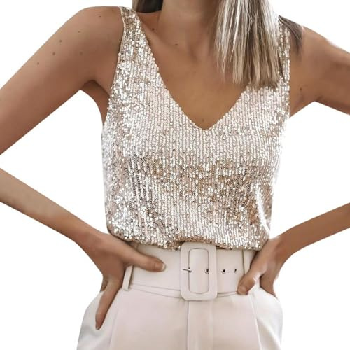 Glitzer Top Damen V-Ausschnitt Elegant Glitzershirt Crop Tops Pailletten Sexy Trägertop Glitzertop Tunika Metallic Oberteile Ärmellos Shirt Festival Tanktop Für Karneval Silvester