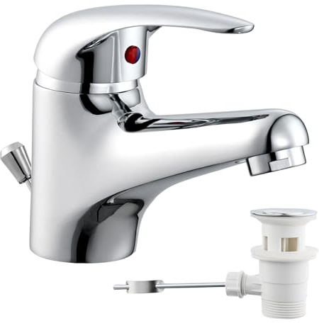 Tayqwiheva Wasserhahn Bad Waschtischarmatur, Badarmatur mit Zugstangen-Ablauf, Auslaufhöhe 60mm, Einhandmischer Waschbecken Armatur Mischbatterie für Badezimmer Gäste WC, Chrom