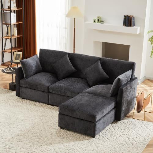 Merax Modernes L-förmiges Ecksofa aus Chenille-Stoff, Dreisitzer mit Fußhocker, 4 Kissen, Komfortables Sofa für Wohnzimmer, Grau