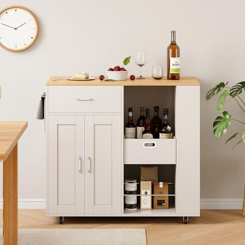 Kücheninsel mit Arbeitsplatte, Küchenwagen mit 4 Rollen, Küchenschrank mit 1 Schublade, 2 Offene Regale und 3 Gewürzregal, Kitchen Island Freistehend, für Küche und Esszimmer, 102x46x92 cm (Weiß)