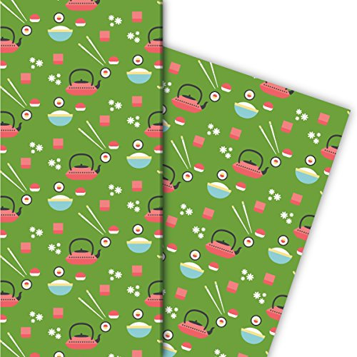 Kartenkaufrausch Japanisches Geschenkpapier Set 4 Bogen, Dekorpapier mit Sushi • tolle Geschenkverpackung, Musterpapier zur Taufe, Geburt, Ostern, Geburtstag, Hochzeit, Weihnachten 32 x 48cm, grün