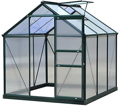 Outsunny Serre de Jardin Polycarbonate 3,65 m² Serre en Aluminium pour Le Jardin 190 x 192 x 201 cm résistant aux UV, avec Fondation renforcé, gouttière, Lucarne et Porte Coulissant, Vert foncé