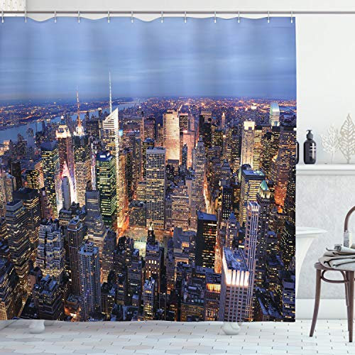 ABAKUHAUS New York Rideau de Douche, Vue aérienne de New York, Tissu Ensemble de Décor de Salle de Bain avec Crochets, 175 cm x 220 cm, Bleu