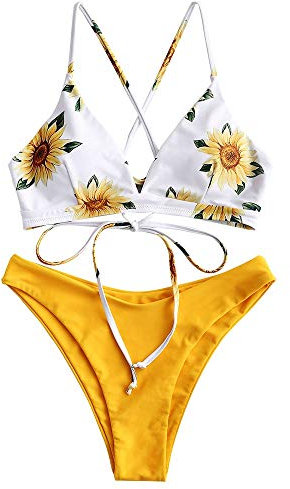 ZAFUL High Cut Bikini Set, gepolsterter Bademode mit Querstreben Knotted Rückseit/Sonnenblume Druckmuster für Damen (Gelb, M)