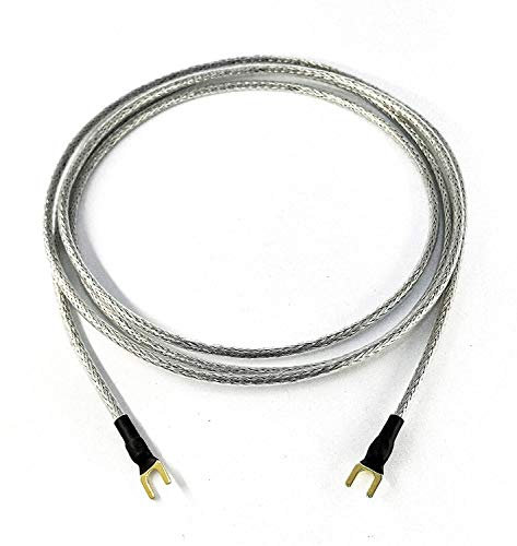 7,5m Cable de Toma de Tierra 1 x 0,50 mm² para Tocadiscos, Dispositivos de Phono y Mesa de Mezclas con Toma, Incluye Zapata de Horquilla Dorada, Cable de Masa, Pantalla Trenzada Transparente, Plata